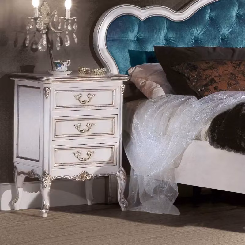 Gruppo cassettiera e comodini con 3 cassetti in stile shabby chic bianco e argento Mobili 2G – 2