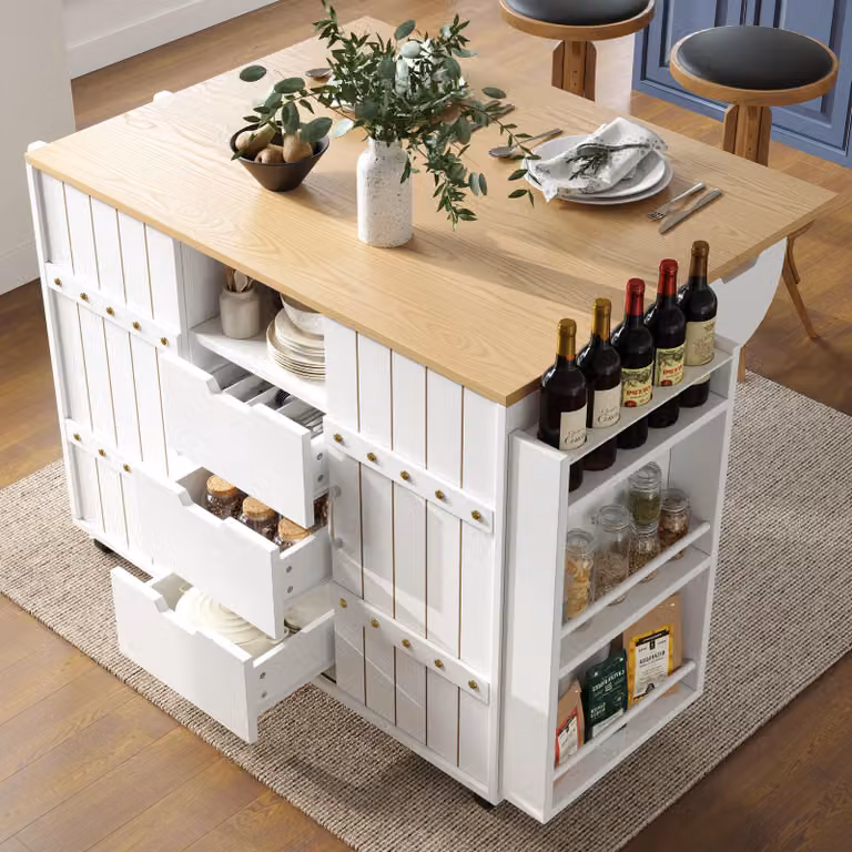 Carrello da cucina con ruote e piano di lavoro, mobiletto da cucina, isola da cucina con cassetti, ripiano per spezie e portasciugamani, colore bianco