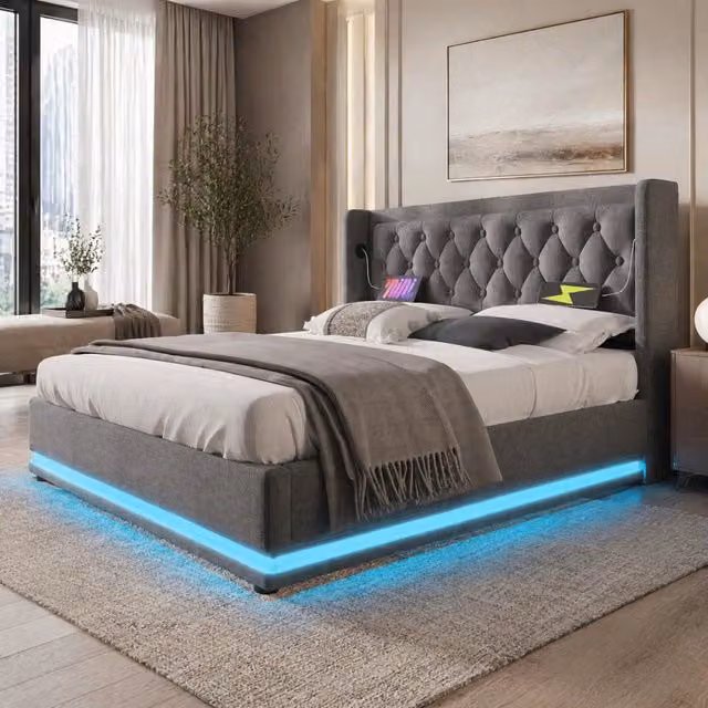 Letto 180x200 cm con contenitore idraulico, LED e USB-C in cotone grigio