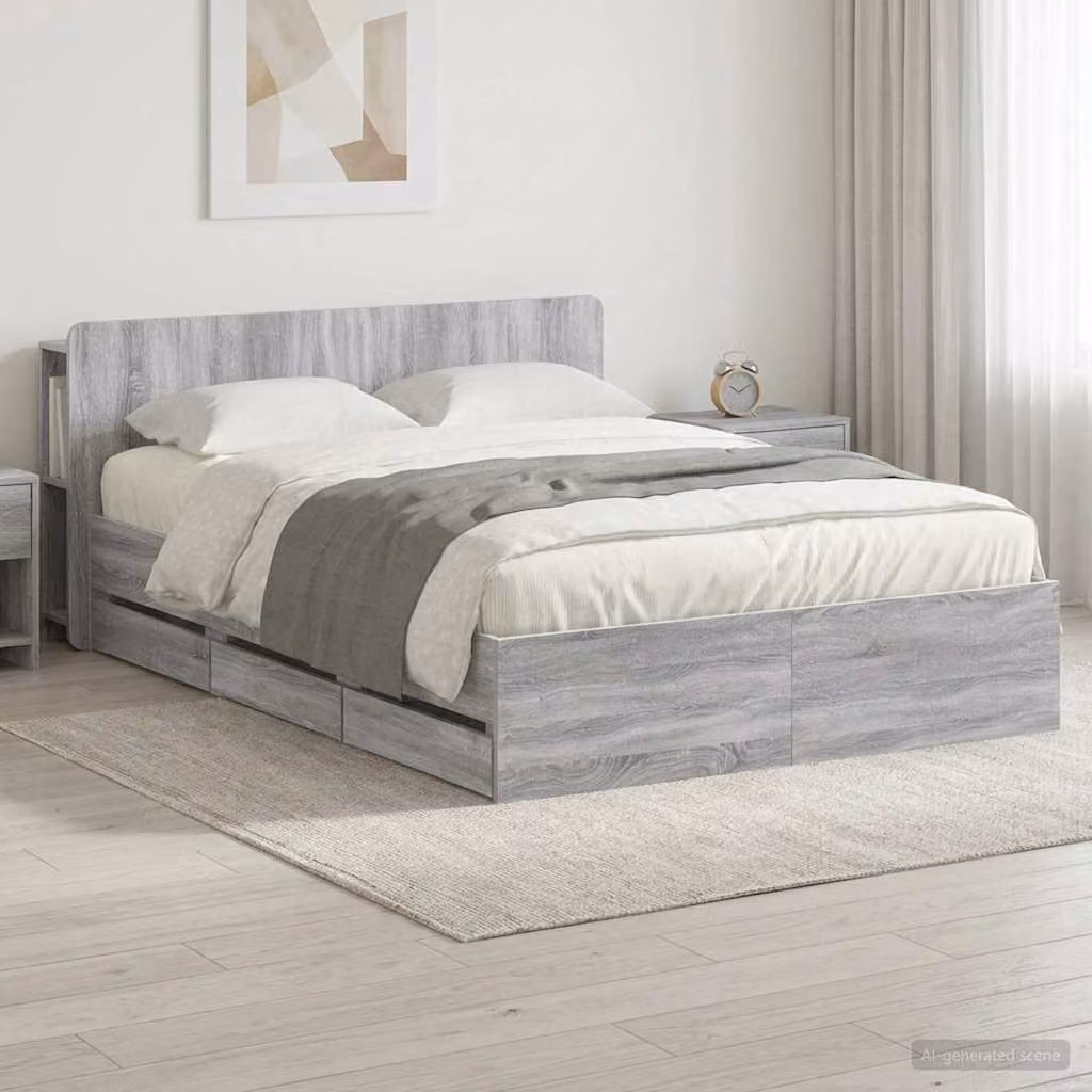 vidaXL Struttura letto con contenitore e testata in legno Sonoma grigio L/P/H: 221.5 x 140 x 154 cm