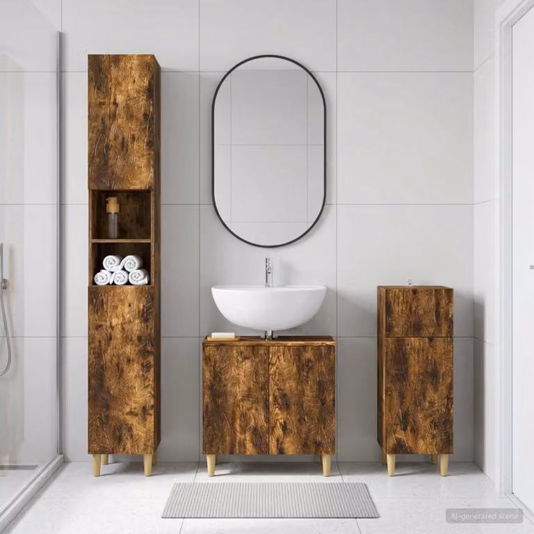 Set di 3 armadietti da bagno moderni vidaXL DELFT in legno Rovere Fumo marrone, composto da colonna alta, mobile lavabo e mobile laterale con ripiani interni e ante con scaffale aperto, L/P/H: 190 x 31 x 47,8 cm, 31 x 30 x 47,8 cm e 31 x 30 x 47,8 cm