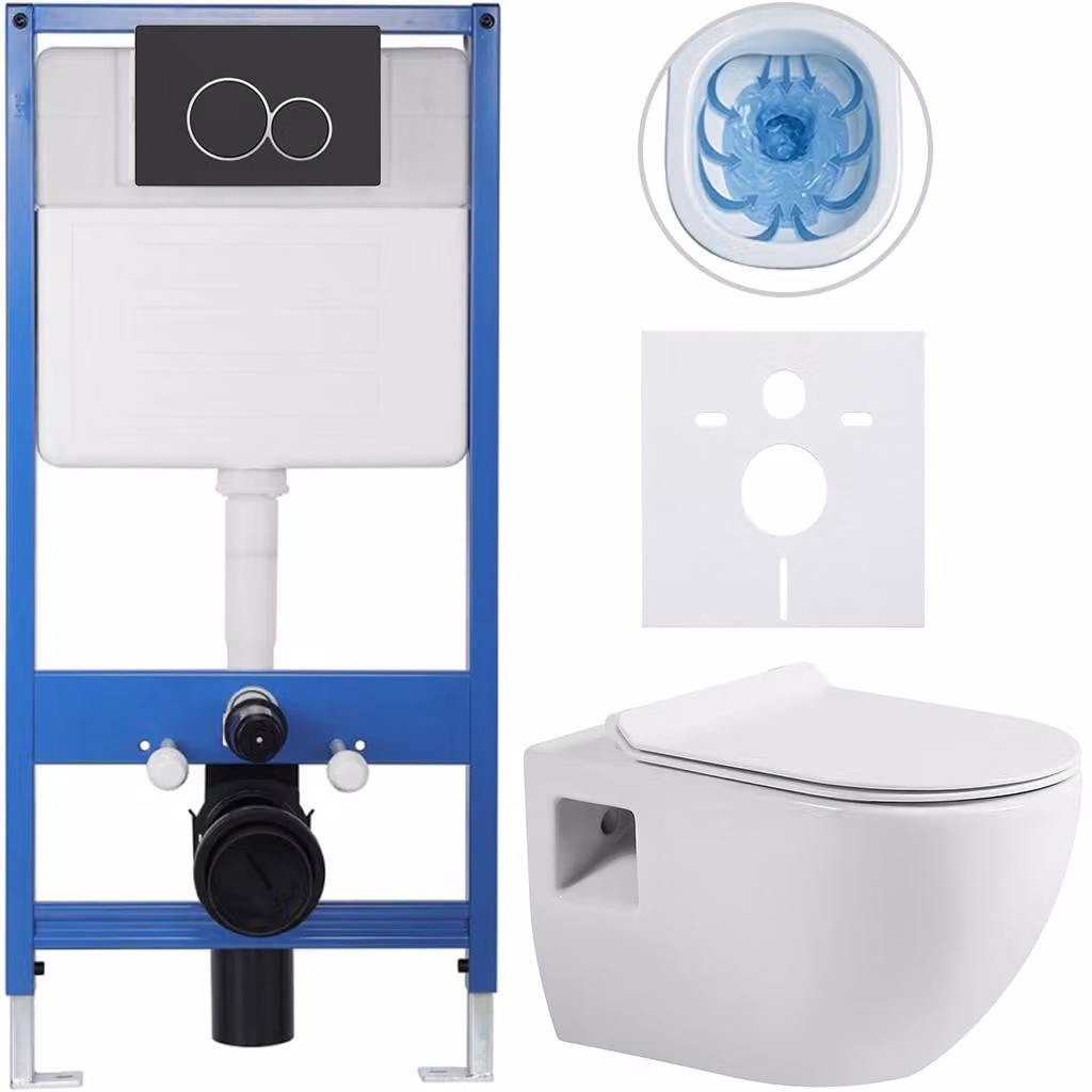 Set completo per WC sospeso Lite/Dure - bianco lucido - pulsante WC doppio, nero opaco - installazione a parete - 51x35 cm