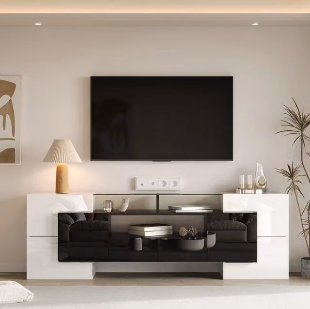 Mobile TV con LED controllabili via app; 6 ante e 2 cassetti; 200 x 35 x 60 cm; bianco e nero
