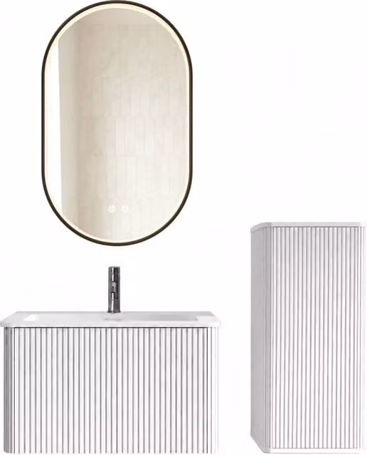 Mobile Bagno Sospeso 80 cm Set Mobili da Bagno Bianco con Lavabo; Mobiletto Laterale e Specchio LED Ovale