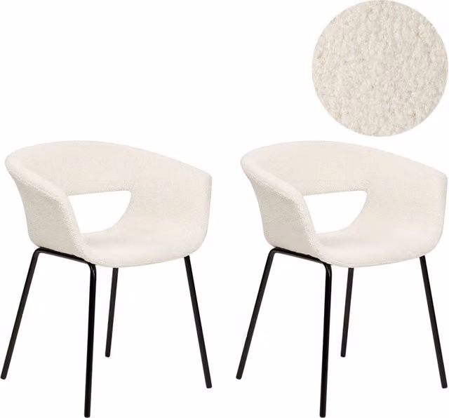 Set di 2 sedie Beliani in tessuto bouclé bianco sporco senza braccioli con gambe in metallo nero per cucina e sala da pranzo
