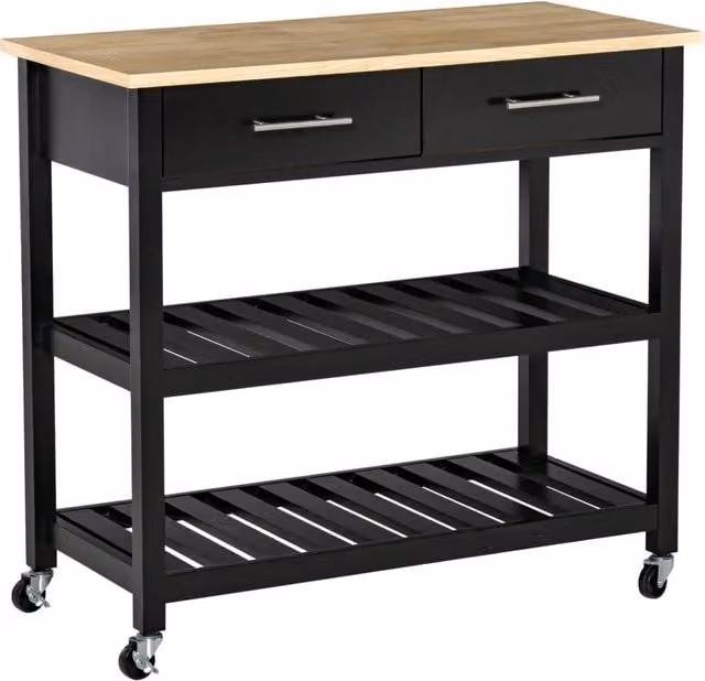 Carrello da cucina con ruote XYLO nero e legno naturale con 2 ripiani e 2 cassetti H: 91,4 cm, L: 45,6 cm, P: 40,0 cm