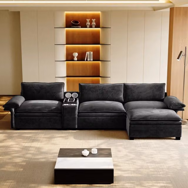 Divano modulare a L 4 posti in chenille con pouf mobile ricarica wireless altoparlanti luci e 2 portabicchieri nero
