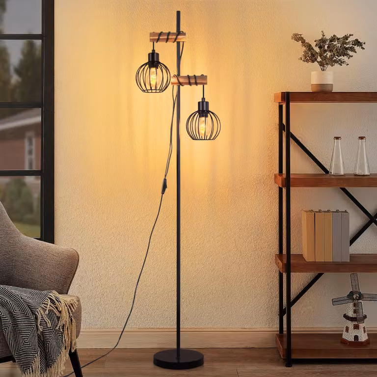 Lampada da terra ZMH, in legno, con due luci, altezza 152 cm, colore nero, stile industriale, attacco E27, vintage, ideale per il soggiorno, con paralume a gabbia