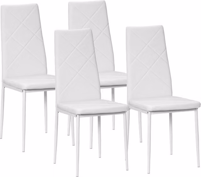 Set di 4 sedie da pranzo moderne HOMCOM in finta pelle bianca con schienale alto e cuciture a diamante e struttura in acciaio, L: 50 cm, P: 41 cm, H: 97 cm