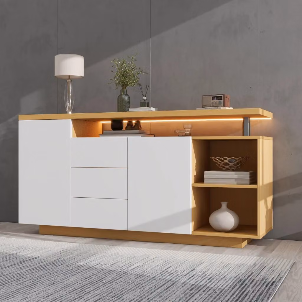 Credenza moderna con illuminazione LED, 2 ante, 3 cassetti e 2 vani aperti, in MDF, colore bianco e beige, L 140 x P 40 x H 70 cm – 2