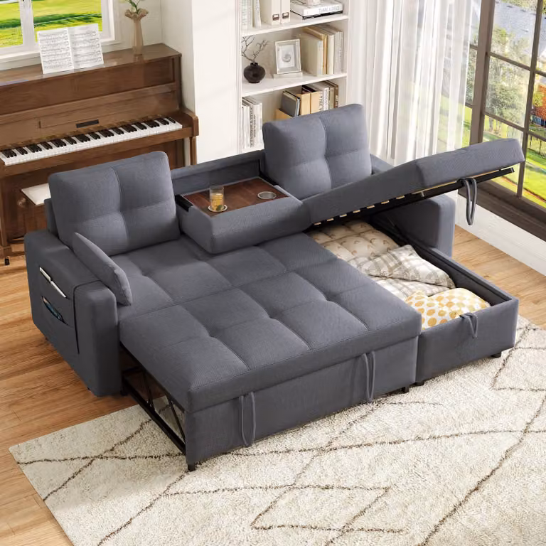 Divano angolare Merax, divano letto a L con funzione letto, box letto, cuscini, tasche laterali, portabicchieri estraibile, divano letto in lino, grigio