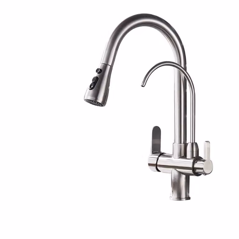 Rubinetto da cucina filtrato, acqua fredda e calda, funzione spray estraibile, nichel spazzolato