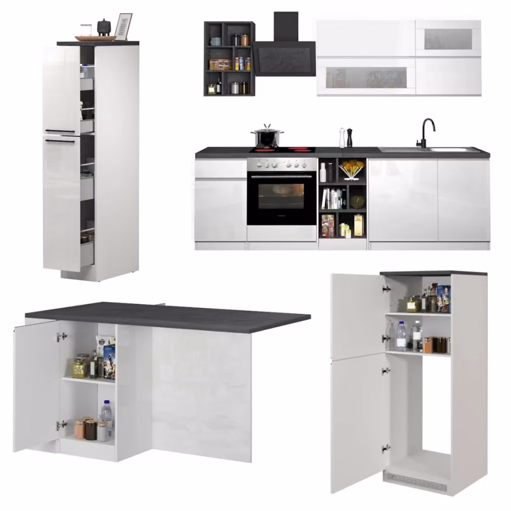 Cucinino Balme DMORA in legno bianco lucido con 3 cassetti e ante scorrevoli L: 255 cm, P: 60 cm, H: 85 cm – 2