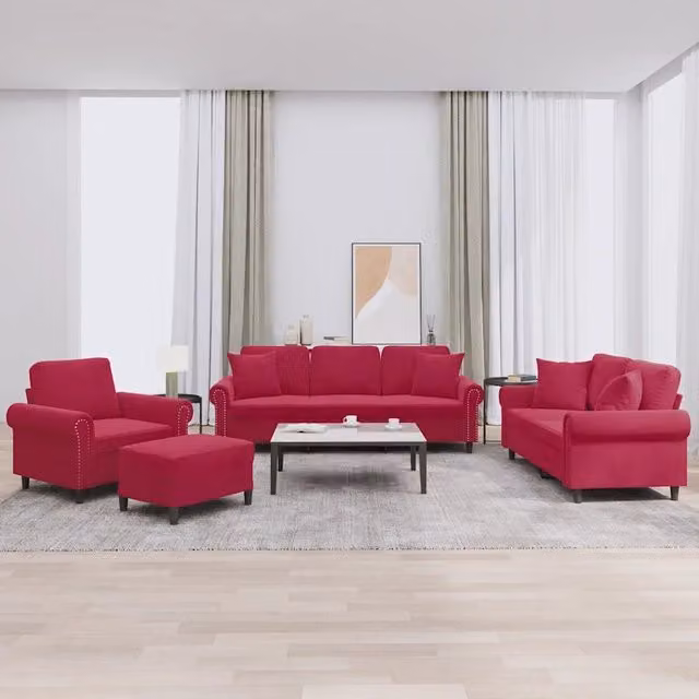 Set di Divani 4 pz con Cuscini Rosso Vino in Velluto 3202204