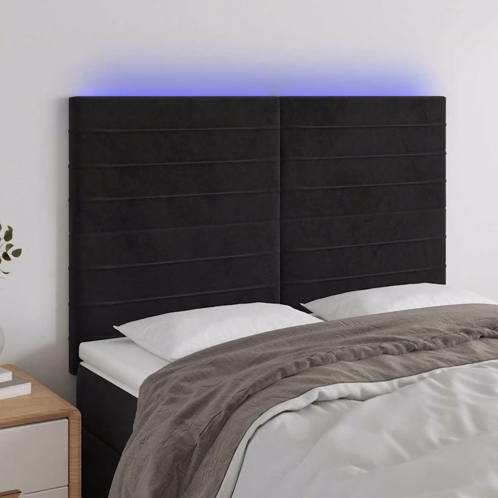 Testiera per letto vidaXL in velluto nero con illuminazione LED e porta di ricarica USB, L: 144 cm, P: 5 cm, H: 118-128 cm