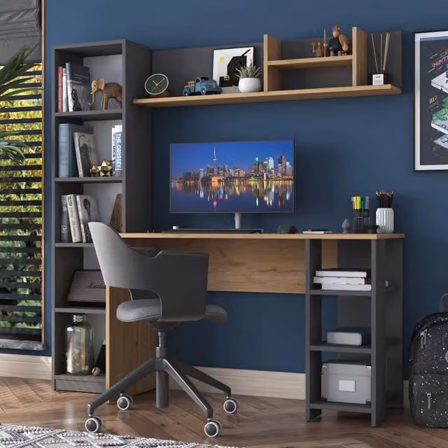 Scrivania moderna DMORA in legno color rovere con 9 ripiani, L: 160 cm, P: 45 cm, H: 162 cm – 1