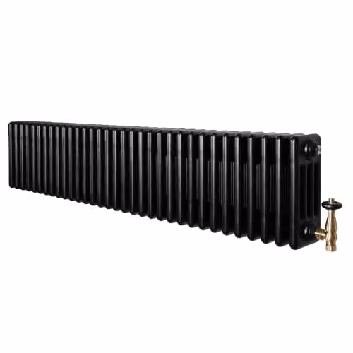 Radiatore Tradizionale a 4 Colonne 300 x 1505 mm & Valvole Riscaldamento Centrale Orizzontale Nero Opaco in Acciaio al Carbonio con Staffe Kit di Fissaggio e Spazzola Pulizia