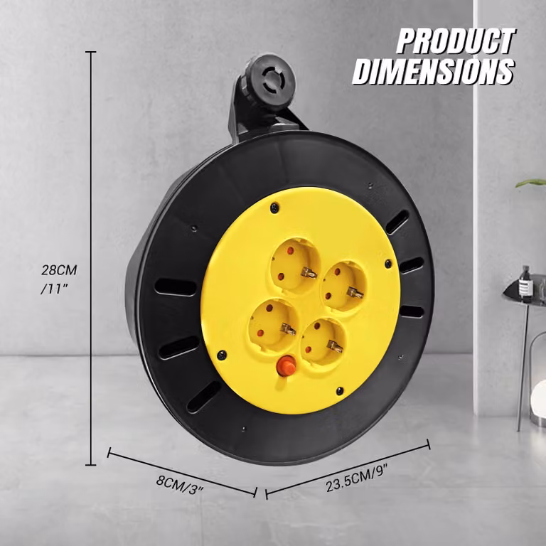 Bobina con cavo di prolunga - 4 prese - 10 metri - Per uso esterno - Cavo resistente - Protezione termica contro sovraccarichi - Ideale per giardino e officina