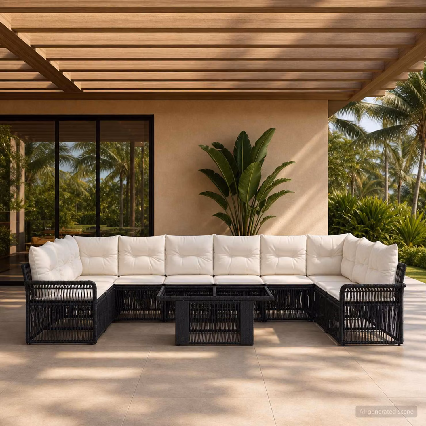 Set Divano da Giardino vidaXL 11 Pezzi in Polyrattan Nero e Bianco Crema con Tavolino e Cuscini