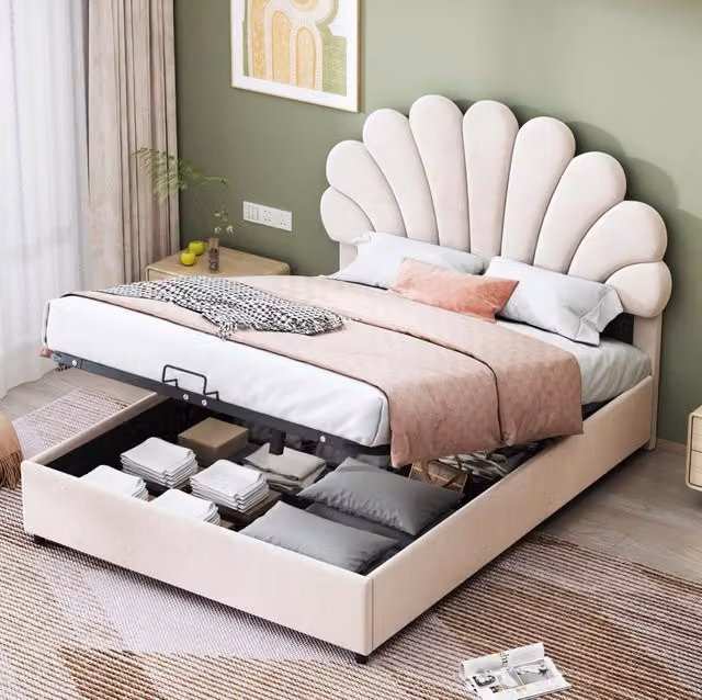 Letto matrimoniale imbottito 140 x 200 cm con contenitore idraulico e rete a doghe; velluto beige