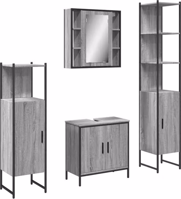 Set Mobili da Bagno | Armadio da bagno 4 pz Grigio Sonoma in Legno Multistrato