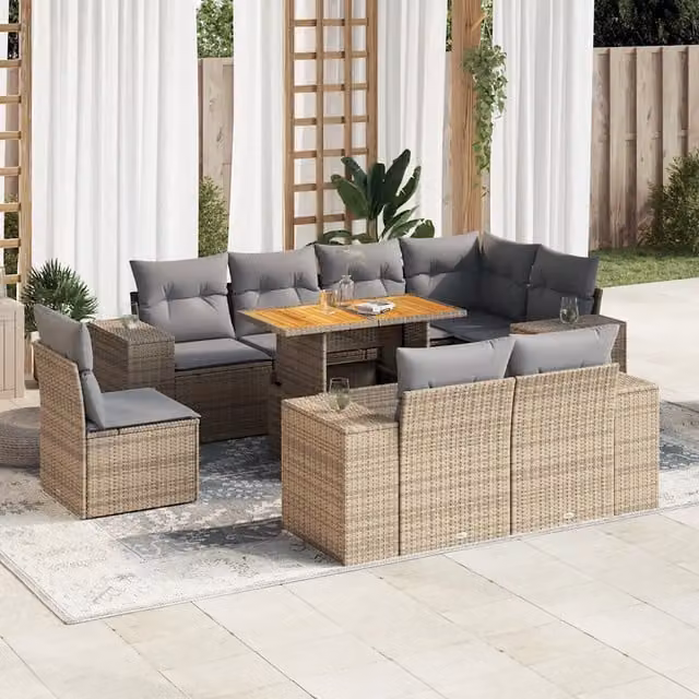 Set Divano da Giardino a L vidaXL 9 pz con Cuscini Beige e Tavolino in Polyrattan e Legno di Acacia