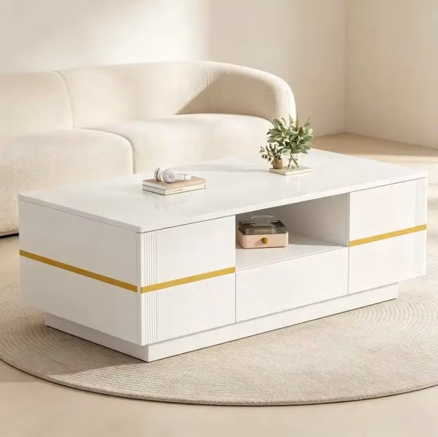 Tavolino da caffè con 2 ante; cassetto e vano aperto in MDF bianco e oro 100x50x35;5 cm
