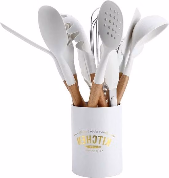 Set di cucina - 11 pezzi - Manici in legno naturale - Spatola cucchiaio accessori da cucina - Bianco