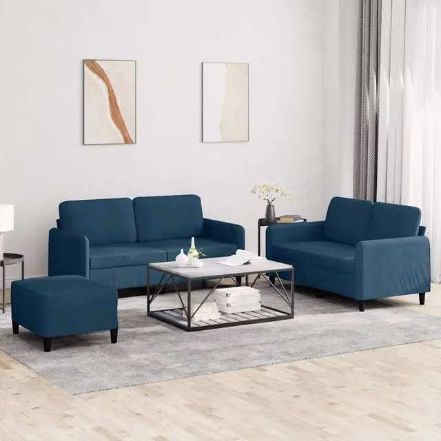 Set di 3 divani moderni vidaXL in velluto blu con cuscini decorativi per il tuo soggiorno – 1