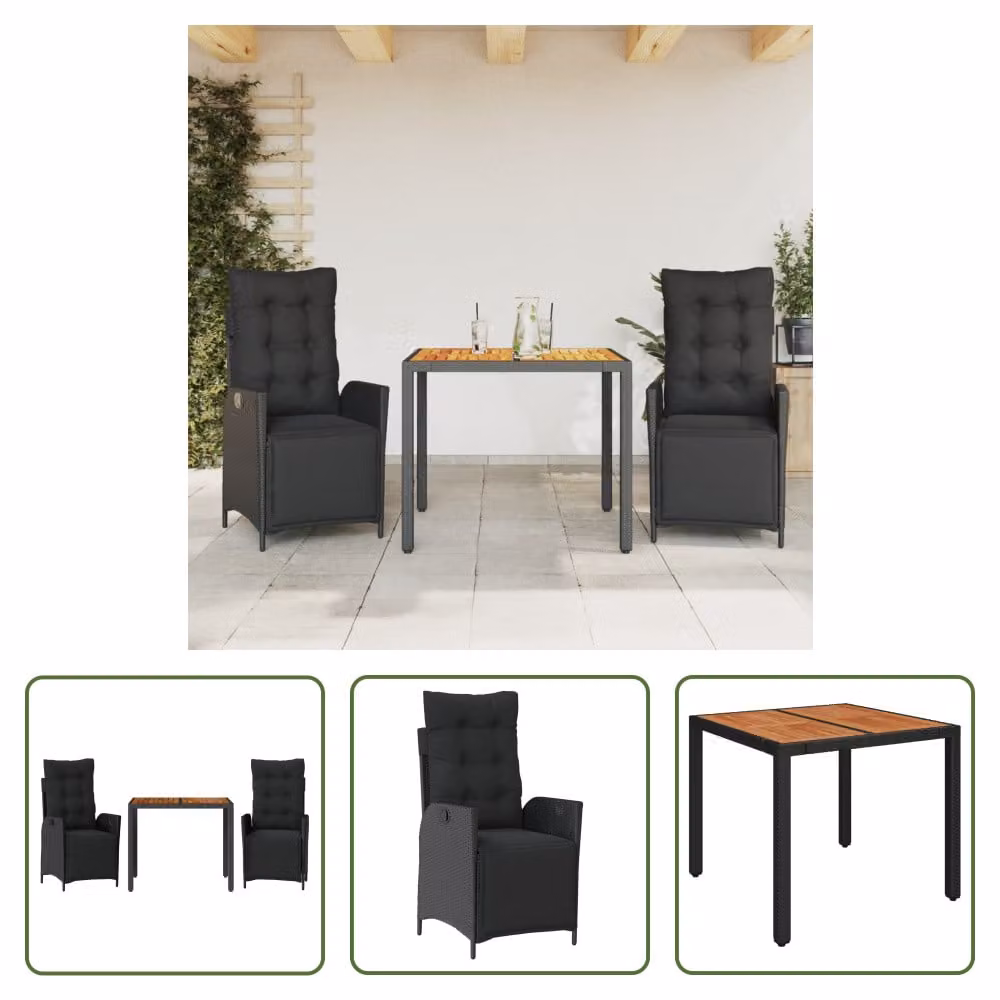 The Living Store Set da pranzo da giardino in 3 pezzi con cuscini in poly rattan nero