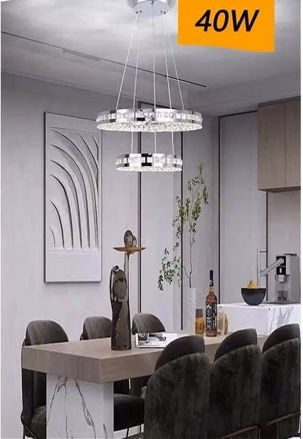 Trade Shop Traesio Lampadario a Sospensione LED con 2 Anelli in Cristallo e Acciaio Inox, Luce Fredda 8000K, Trasparente
