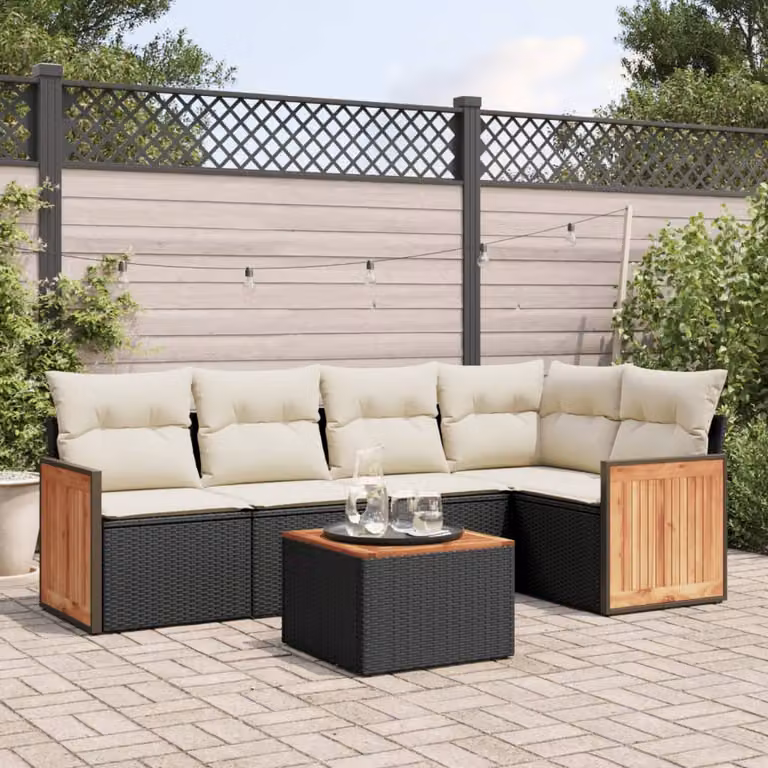 Set Divano da Giardino a L vidaXL in Polyrattan Nero con 6 Cuscini e Tavolino da Caffè