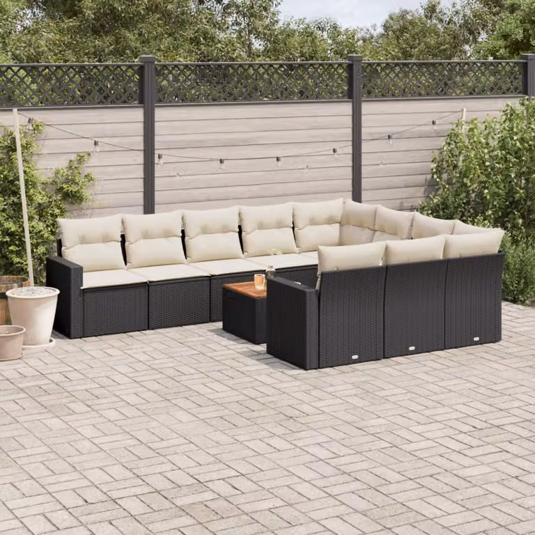 vidaXL Set Divani da Giardino 11 pz in Polyrattan Nero con Cuscini e Tavolino da Esterno a Forma di L