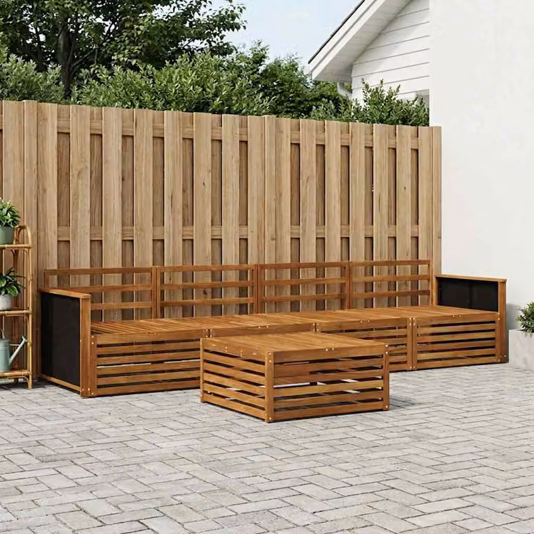 Set di divani da esterno vidaXL 5 pezzi in legno di acacia massello marrone con cuscini inclusi e tavolino da caffè per giardino e terrazza