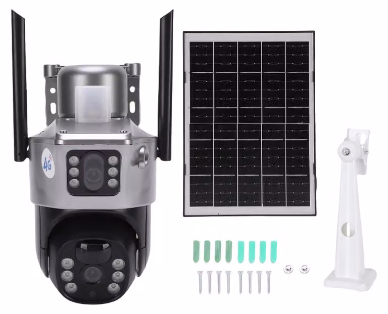 Telecamera di sorveglianza 4G con pannello solare, doppio obiettivo, risoluzione HD da 4 MP, rilevamento del movimento, impermeabile, wireless, PTZ, per interni ed esterni