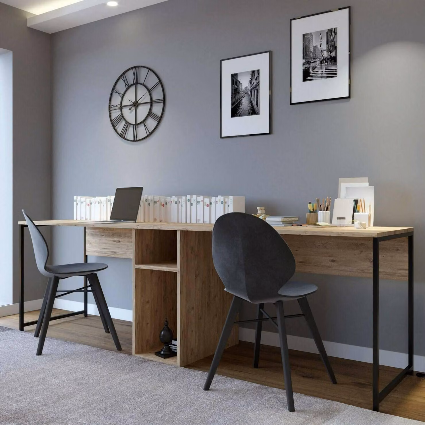 Dmora Scrivania Asarat 60x240x74h cm Nero, Colore Struttura Marrone Materiale Piano in Legno Nobilitato