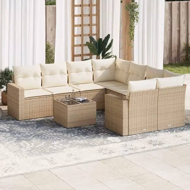 Set Divano da Giardino Moderno VIDAXL in Polyrattan Beige con 9 Pezzi e Cuscini