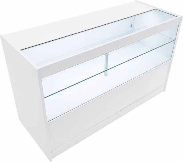 Bancone LED Bianco C1500 con Vetrina, 3 Ripiani e Ante Scorrevoli Bloccabili