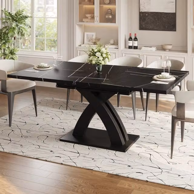 Tavolo da pranzo allungabile con piano in mdf e struttura in metallo, con guide scorrevoli per cucina soggiorno e balcone, nero