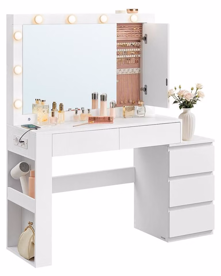 Comò da trucco con specchio e illuminazione a LED, bianco, 40 x 125 x 140 cm