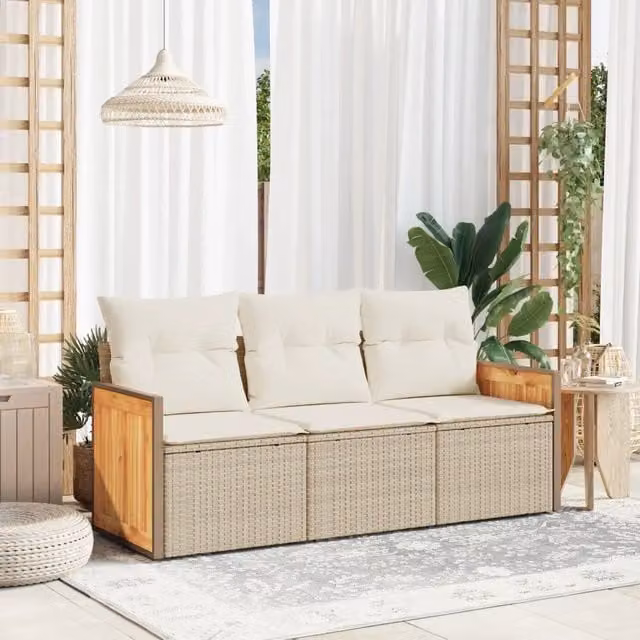 Set Divano da Giardino 3 Pezzi vidaXL con Cuscini Beige e Struttura in Metallo e Polyrattan