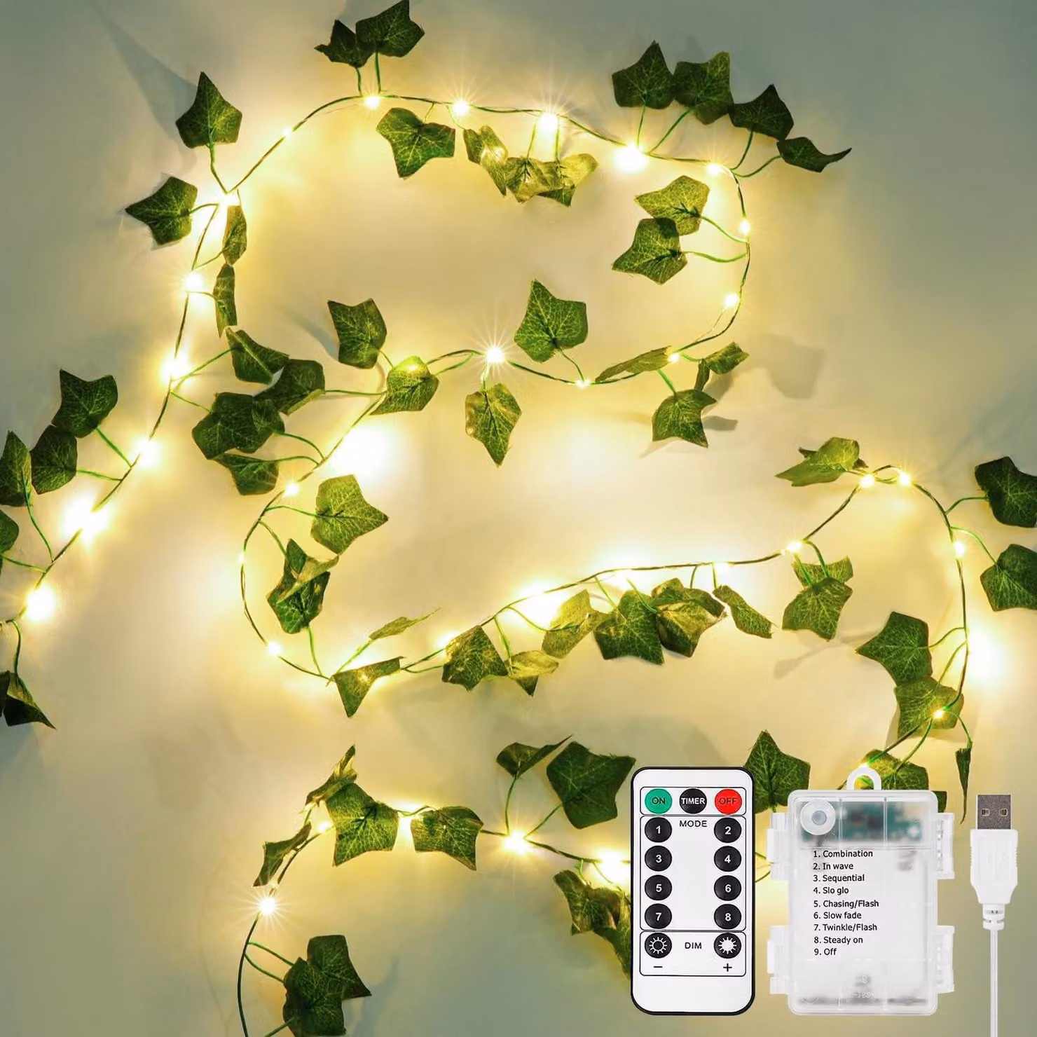 Catena luminosa a forma di edera, 10 metri, 100 LED, luce bianca calda, alimentazione a batteria e USB, 8 modalità, timer