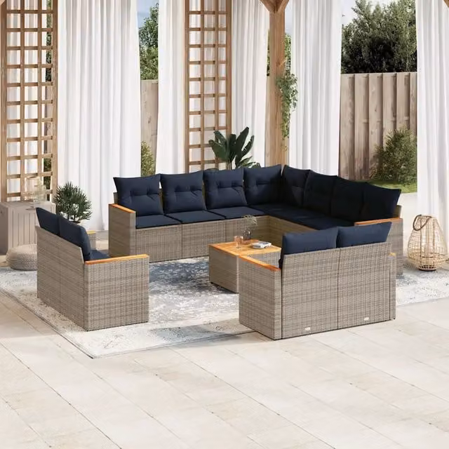 Set di Divani da Giardino a Forma di U con Tavolino vidaXL, Polyrattan e Legno di Acacia, Grigio e Blu con Cuscini Inclusi – 1