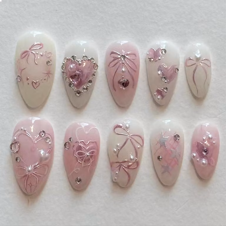 French press on nails rosa - 24 pezzi con design 3D a cuore e gioiello