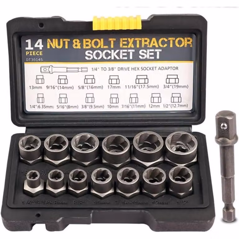 Set di estrattori per bulloni, 13 pezzi, attacco quadrato da 9,5 mm, da 6,35 a 19 mm, per la rimozione di dadi ruota, inclusi adattatori, in acciaio Cr-Mo