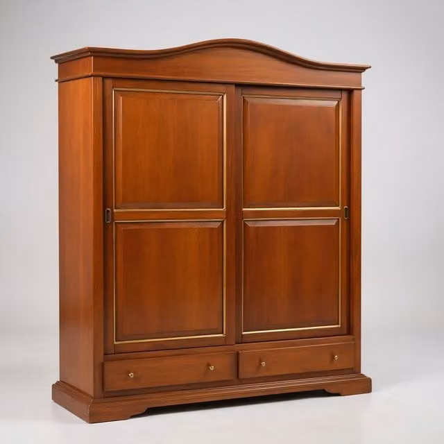 Armadio Mobili 2G in legno di pino con 2 ante scorrevoli, colore noce e profili oro, L: 180 cm, P: 67 cm, H: 225 cm