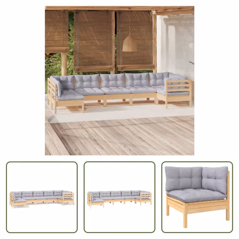 The Living Store Set da salotto da giardino 7 pezzi con cuscini grigi in legno di pino