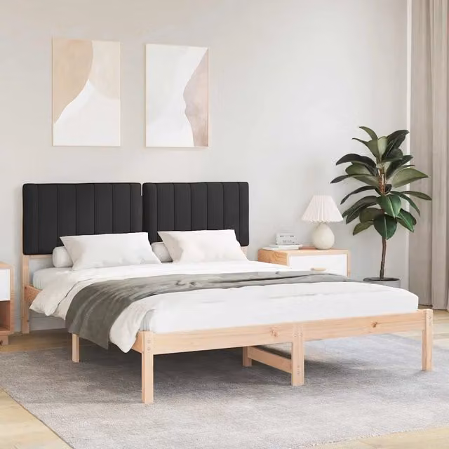 Letto matrimoniale moderno vidaXL con testiera rivestita in tessuto e struttura in legno di pino, colore nero, 150 x 200 cm