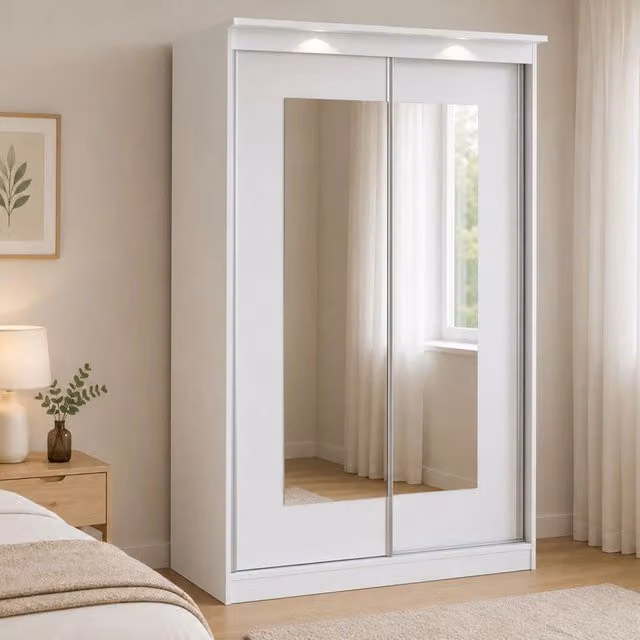 Armadio moderno DMORA per camera da letto con ante scorrevoli in vetro, illuminazione LED integrata e specchio, Bianco e Trasparente, L: 120 cm, H: 195 cm – 1