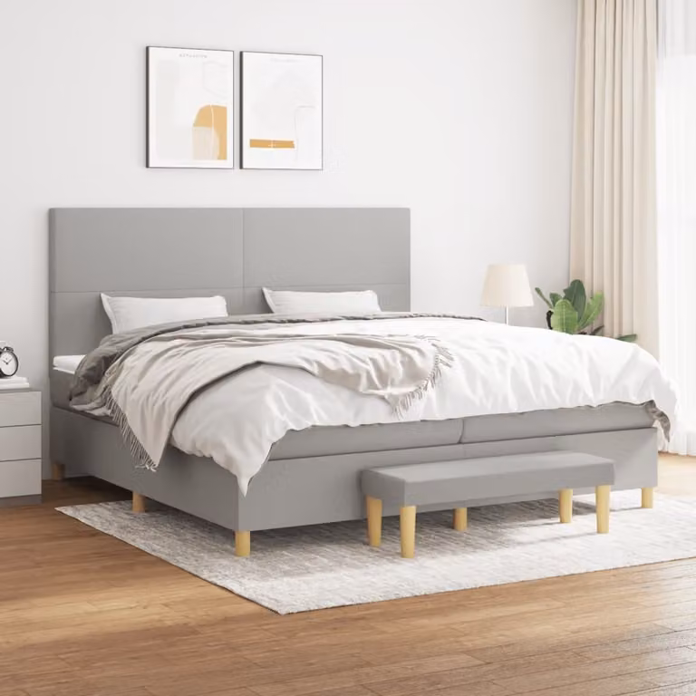 The Living Store Letto a molle con materasso grigio chiaro 200x200 cm in tessuto